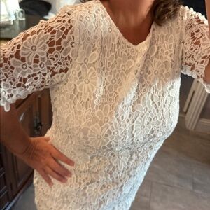 Nina Leonard White Lace Midi Dress